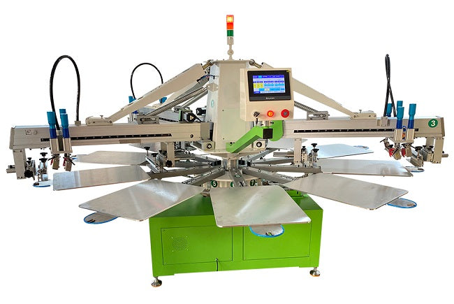 Máquina automática de serigrafía para camisetas, 4 colores, 10 estaciones, con secador flash IR de 4 piezas.