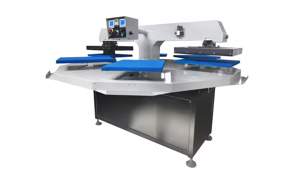 Máquina de transferencia de calor de carrusel de alta velocidad, automática, neumática, de 2 cabezales y 6 estaciones, MEM, 220 V, 6 kW, 28 A, 16 x 20 pulgadas