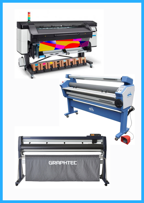 SOLUCIÓN COMPLETA - Impresora HP Latex 800 de 64" de formato ancho - Reacondicionada (1 año de garantía) + Cortadora Graphtec FC9000-160 de 64" de ancho - Nueva + Laminadora en frío de formato ancho totalmente automática de baja temperatura de 63" - Nueva