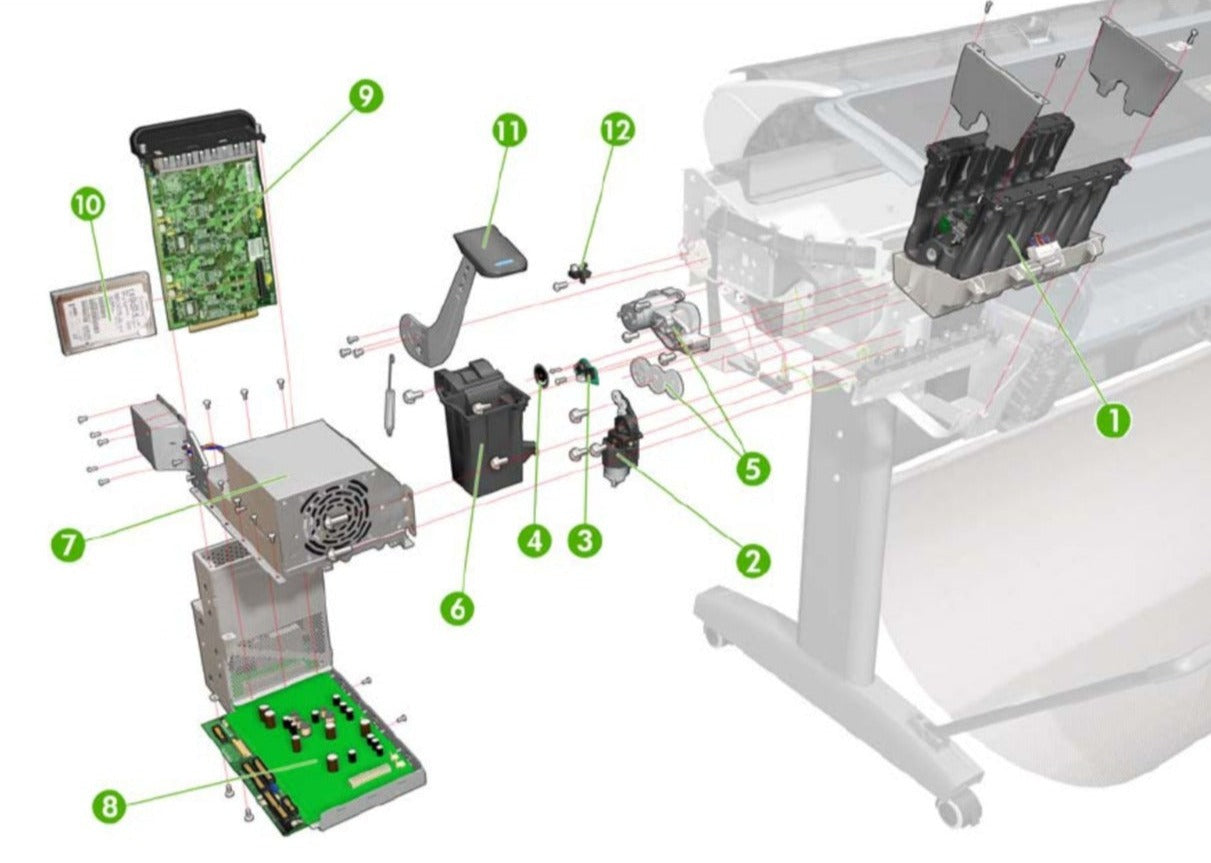 Transmisión de avance de medios - Para las series HP DesignJet 111, Z2100, Z3100, Z3200, Z5400, Z5600ps, T1100, T1120, T1200, T1300, T610, T620, T770, T790, T2300 y T7100 (CH538-67027)