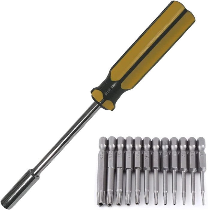 Juego de destornilladores Torx: destornillador hexagonal con 12 puntas Torx y punta de estrella para taladro de impacto. Juegos de cabezales de torsión. Puntas de tornillo de las series T5, T6, T7, T8, T9, T10, T15, T20, T25, T27, T30 y T40.