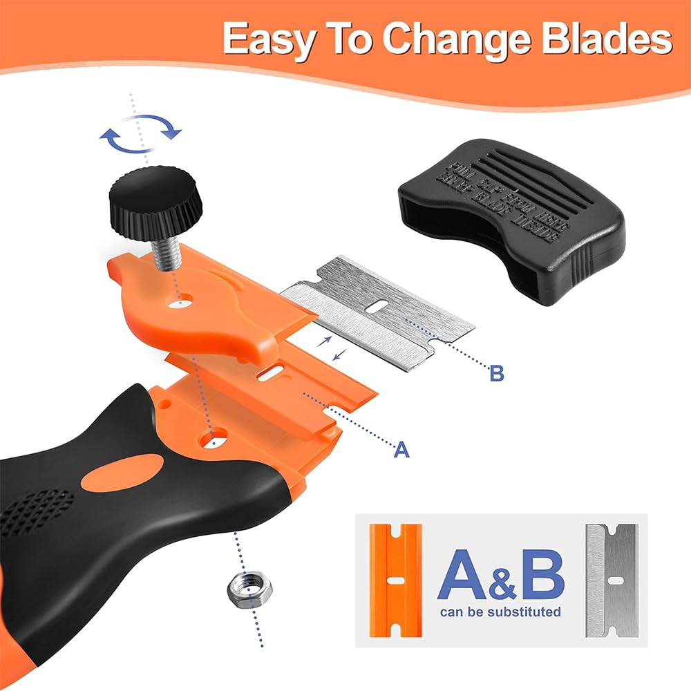 Double Side Plastic Razor Scraper Cleaning Tools Double Edged Multipurpose Scraper Remover Tool (4.5 x 12.5CM) - Extra 5pcs Metal and 5pcs Plastic Blades