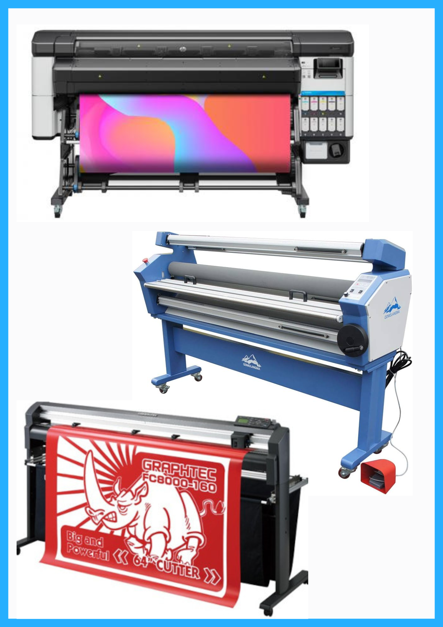SOLUCIÓN COMPLETA - Impresora HP Latex 630 W de 64" - Nueva + Plotter de corte de vinilo Graphtec FC8000-160 de 64" - Reacondicionado (1 año de garantía) + Laminadora en frío de formato ancho totalmente automática de 55" con asistencia térmica - Nueva