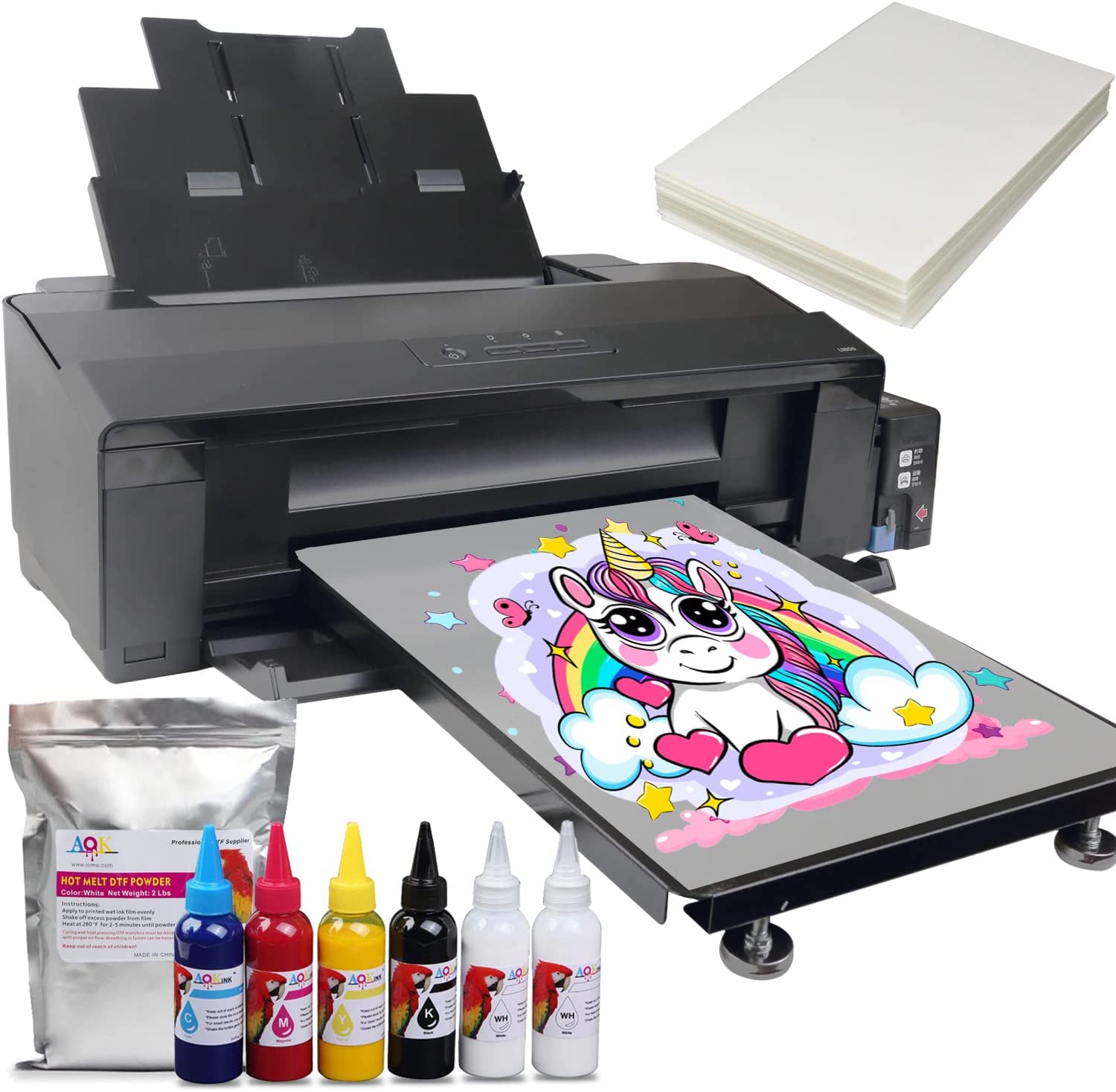 Impresora DTF de 13 pulgadas y ancho A3+, máquina de transferencia directa con película L1800, ideal para imprimir camisetas, sudaderas, fundas de almohada, etc. (6 tintas de 100 ml + 100 películas PET + polvo)