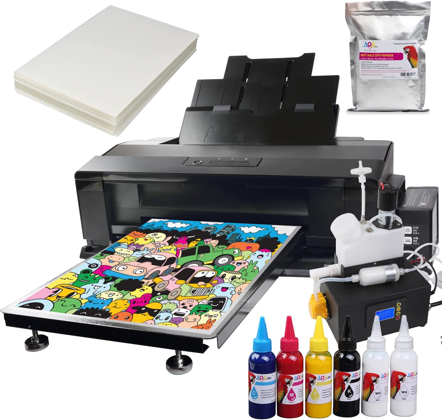 AOK Printer A3+ White Ink Circulation System Width 13inch DTF Printer Machine Direct Transfer Film L1800 Converted for DIY Print T-Shirts/Hoodie/BGS/Pillow etc. (6X 100ml Ink+100pcs Film+Powder)