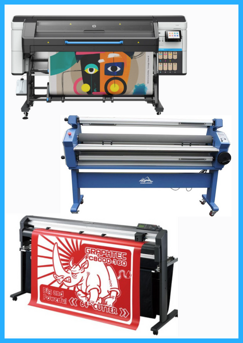 COMPLETE SOLUTION - HP Latex 730 64" Wide Format Printer - New + 64" Graphtec FC8000-160 Vinyl Cutting Plotter - Refurbished (1 Year Warranty) + 55" Full-Auto Wide Format Cold Laminator with Heat Assisted - New