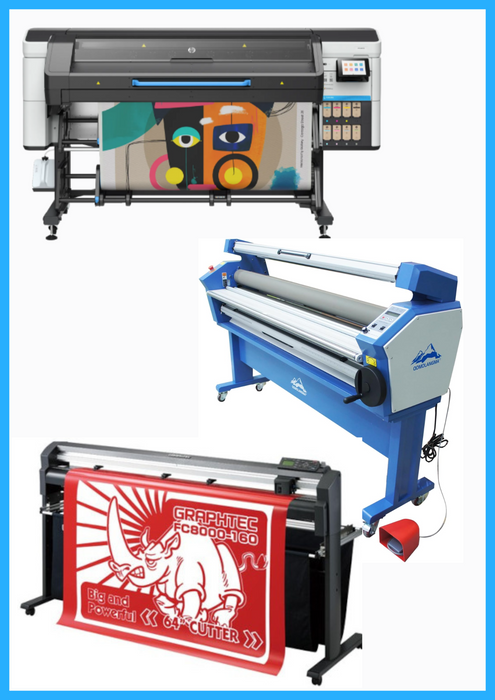 COMPLETE SOLUTION - HP Latex 730 64" Wide Format Printer - New + 64" Graphtec FC8000-160 Vinyl Cutting Plotter - Refurbished (1 Year Warranty) + 63" Full-auto Low Temp. Wide Format Cold Laminator, with Heat Assisted - New