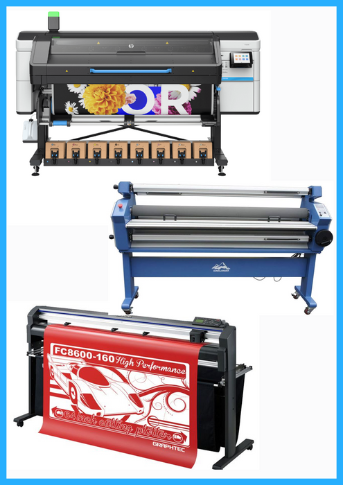 COMPLETE SOLUTION - HP Latex 830 64" Wide Format Printer - New + 64" Graphtec FC8600-160 Vinyl Cutting Plotter - Refurbished (1 Year Warranty) + 55" Full-Auto Wide Format Cold Laminator with Heat Assisted - New
