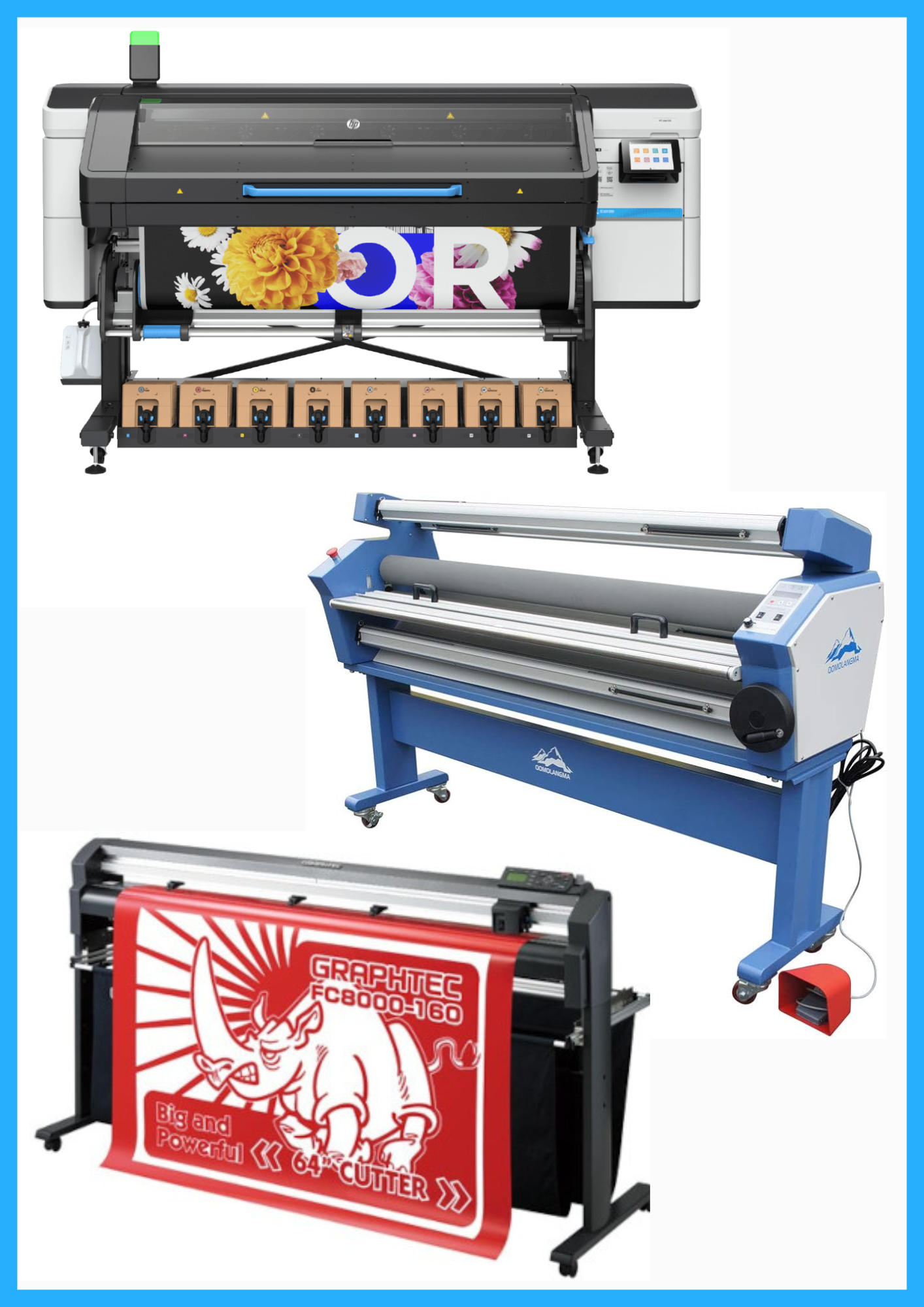 ON SALE - COMPLETE SOLUTION - HP Latex 830 64" Wide Format Printer - New + 64" Graphtec FC8000-160 Vinyl Cutting Plotter - Refurbished (1 Year Warranty) + 63" Full-auto Low Temp. Wide Format Cold Laminator, with Heat Assisted - New