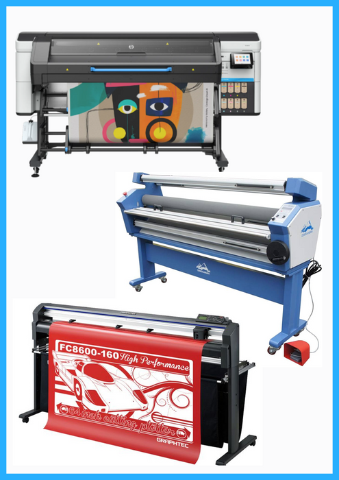 COMPLETE SOLUTION - HP Latex 730 64" Wide Format Printer - New + 64" Graphtec FC8600-160 Vinyl Cutting Plotter - Refurbished (1 Year Warranty) + 63" Full-auto Low Temp. Wide Format Cold Laminator - New