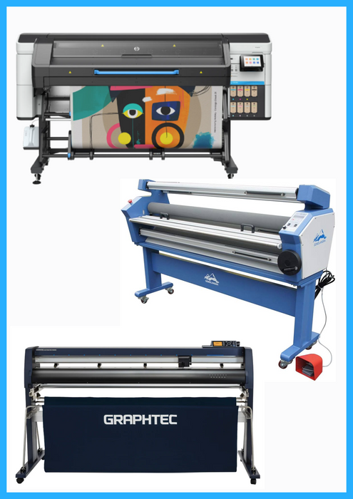 SOLUCIÓN COMPLETA - Impresora HP Latex 730 de 64" de formato ancho - Nueva + Cortadora Graphtec FC9000-160 de 64" de ancho - Nueva + Laminadora en frío de formato ancho totalmente automática de baja temperatura de 63" - Nueva