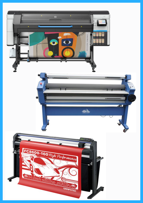 COMPLETE SOLUTION - HP Latex 730 64" Wide Format Printer - New + 64" Graphtec FC8600-160 Vinyl Cutting Plotter - Refurbished (1 Year Warranty) + 55" Full-Auto Wide Format Cold Laminator with Heat Assisted - New