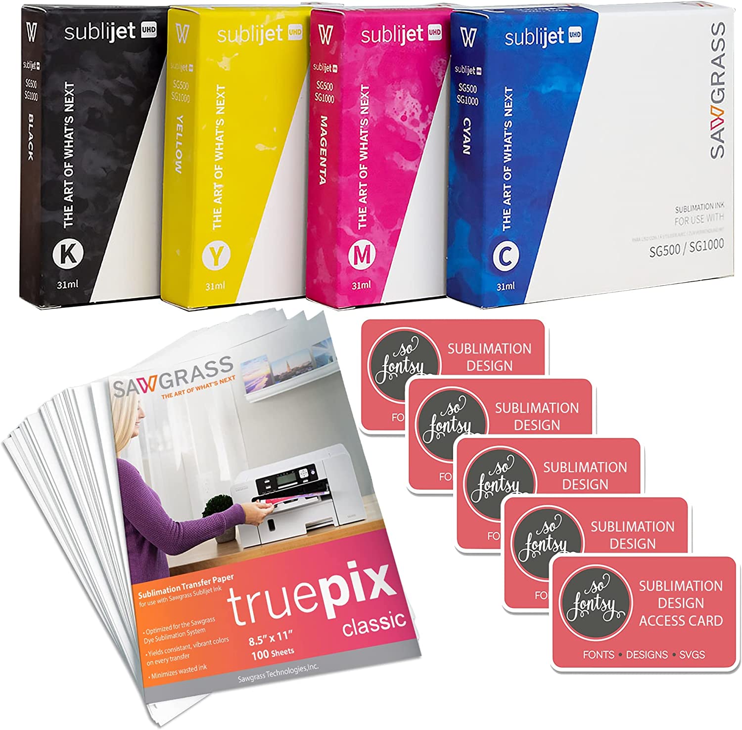 Tintas Sawgrass SubliJet UHD SG500 y SG1000 (paquete de 4) con 100 hojas de papel de sublimación y diseños en cian, amarillo, magenta y negro.