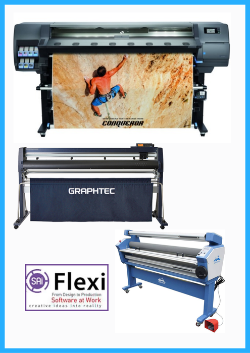 COMPLETE SOLUTION - HP Latex 335 64" Printer - Refurbished (Choose Warranty) + Graphtec FC9000-160 64" (162.6 cm) Wide Cutter + Upgraded Ving 63" Full-auto Low Temp. Wide Format Cold Laminator, with Heat Assisted + Flexi RIP Software