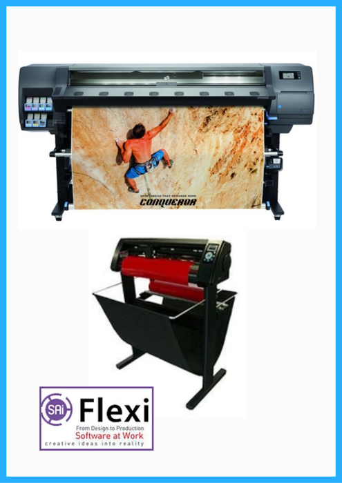 PAQUETE - Impresora HP Latex de gran formato de 335" - Reacondicionada (90 días, 1, 2, 3 o 4 años de garantía) + Cortadora de vinilo de 53" con 3 brazos y corte de contornos con software VinylMaster Cut (Nueva) + Software Flexi Rip