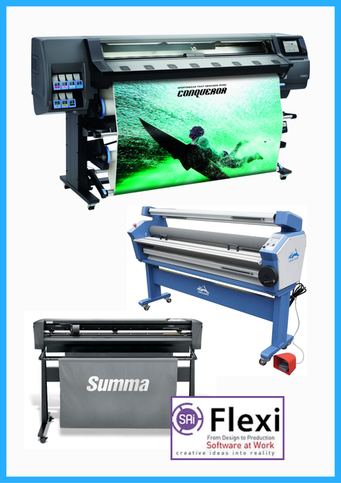 COMPLETE SOLUTION - HP Latex 365 64" Printer - Refurbished (90 Days, 1, 2, 3 or 4 Years Warranty) + Summa S Class 3 D160 62" Vinyl Cutter - New + Upgraded Ving 63" Full-auto Low Temp. Wide Format Cold Laminator, with Heat Assisted + Flexi RIP Software