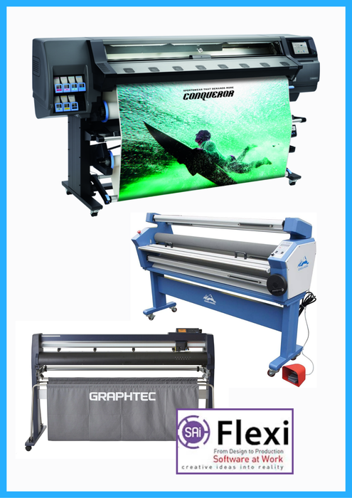 COMPLETE SOLUTION - HP Latex 365 64" Printer - Refurbished (90 Days, 1, 2, 3 or 4 Years Warranty) + Graphtec FC9000-160 64" Wide Cutter + 63" Full-auto Low Temp. Wide Format Cold Laminator, with Heat Assisted + Flexi RIP Software