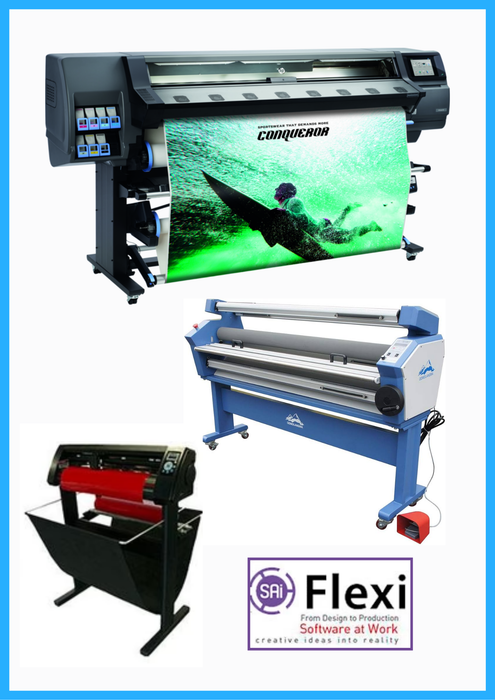COMPLETE SOLUTION - HP Latex 365 64" Printer - Refurbished (90 Days, 1, 2, 3 or 4 Years Warranty) + 55" Cold Laminator w/Heat Assisted + 53" 3 ARMS Contour Cut Vinyl Cutter w/ VinylMaster Cut Software + Flexi RIP Software