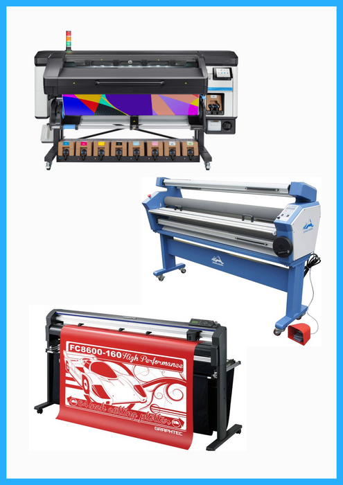 COMPLETE SOLUTION - HP Latex 800W 64" Wide Format Printer - Refurbished (1 Year Warranty) + 64" Graphtec FC8600-160 Vinyl Cutting Plotter - Refurbished (1 Year Warranty) + 63" Full-auto Low Temp. Wide Format Cold Laminator - New
