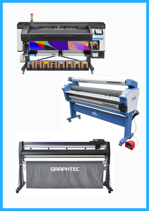 SOLUCIÓN COMPLETA - Impresora HP Latex de 800 W y 64" de formato ancho - Reacondicionada (90 días de garantía) + Cortadora Graphtec FC9000-160 de 64" - Nueva + Laminadora en frío de formato ancho totalmente automática de baja temperatura de 63" - Nueva