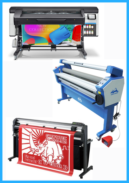 COMPLETE SOLUTION - HP Latex 700 64" Wide Format Printer - Refurbished (1 Year Warranty) + 64" Graphtec FC8000-160 Vinyl Cutting Plotter - Refurbished (1 Year Warranty) + 63" Full-auto Low Temp. Wide Format Cold Laminator - New