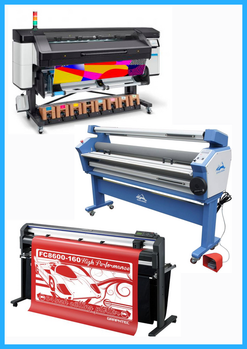 COMPLETE SOLUTION - HP Latex 800 64" Wide Format Printer - Refurbished (1 Year Warranty) + 64" Graphtec FC8600-160 Vinyl Cutting Plotter - Refurbished (1 Year Warranty) + 55" Full-Auto Wide Format Cold Laminator with Heat Assisted - New