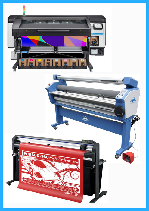 COMPLETE SOLUTION - HP Latex 800W 64" Wide Format Printer - Refurbished (1 Year Warranty) + 64" Graphtec FC8600-160 Vinyl Cutting Plotter - Refurbished (1 Year Warranty) + 55" Full-Auto Wide Format Cold Laminator with Heat Assisted - New