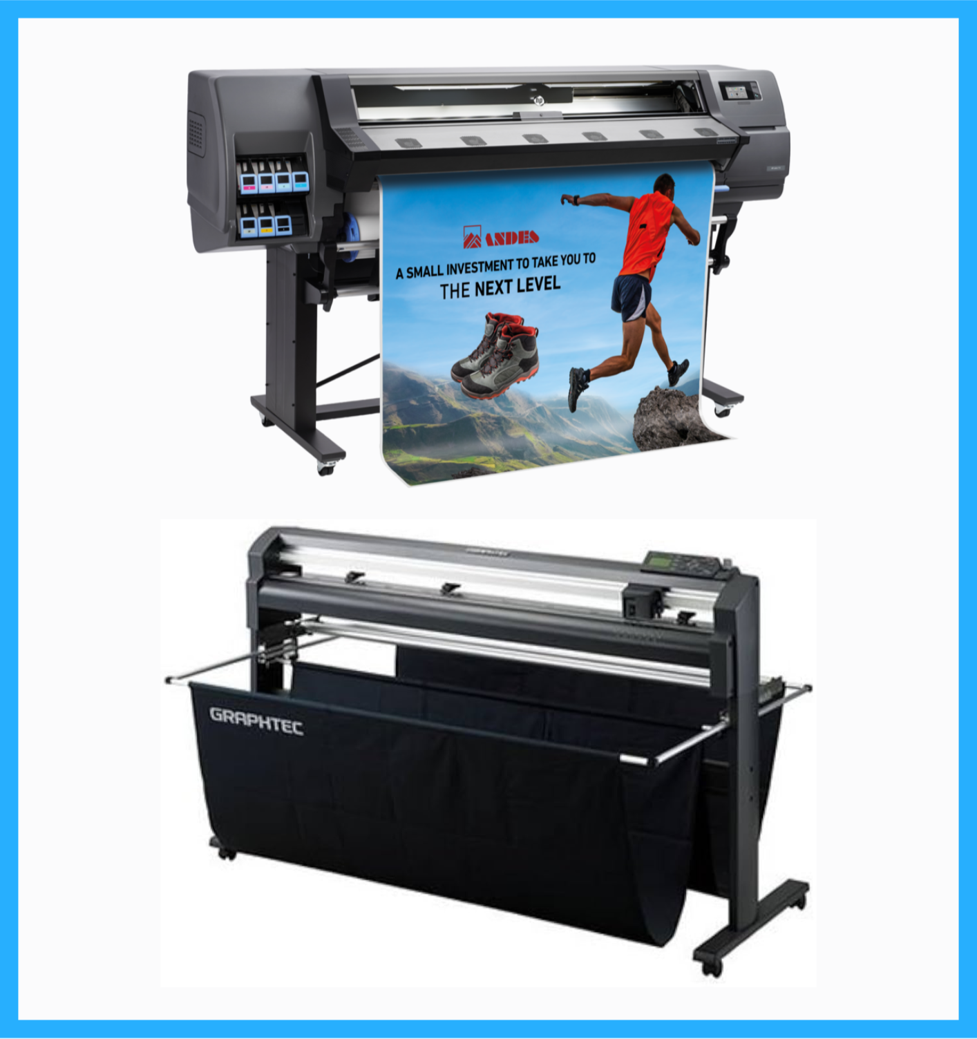 PAQUETE - Impresora HP Latex 115 de gran formato de 54" - Reacondicionada (90 días de garantía) + Plotter de corte de vinilo Graphtec FC8000-130 de 54" - Reacondicionado (90 días de garantía)