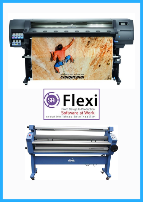 PAQUETE - Impresora HP Latex 335 de 64" de gran formato - Reacondicionada (90 días, 1, 2, 3 o 4 años de garantía) + Laminadora en frío automática de 55" de formato ancho con asistencia térmica + Software Flexi RIP