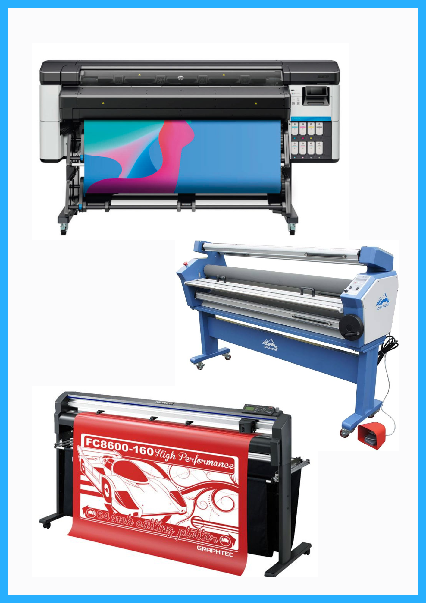 SOLUCIÓN COMPLETA - Impresora HP Latex 630 de 64" - Nueva + Plotter de corte de vinilo Graphtec FC8600-160 de 64" - Reacondicionado (1 año de garantía) + Laminadora en frío de formato ancho de baja temperatura totalmente automática de 63" - Nueva
