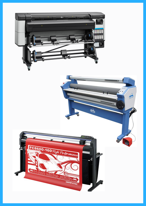 SOLUCIÓN COMPLETA - Impresora HP Latex 630 W de 64" - Nueva + Plotter de corte de vinilo Graphtec FC8600-160 de 64" - Reacondicionado (1 año de garantía) + Laminadora en frío de formato ancho de baja temperatura totalmente automática de 63" - Nueva