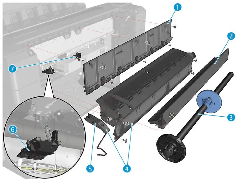 Conjunto de soporte central para las series HP DesignJet T920, T1500, T1600, T2500, T2600, T3500 y T7200 (CH538-67074)