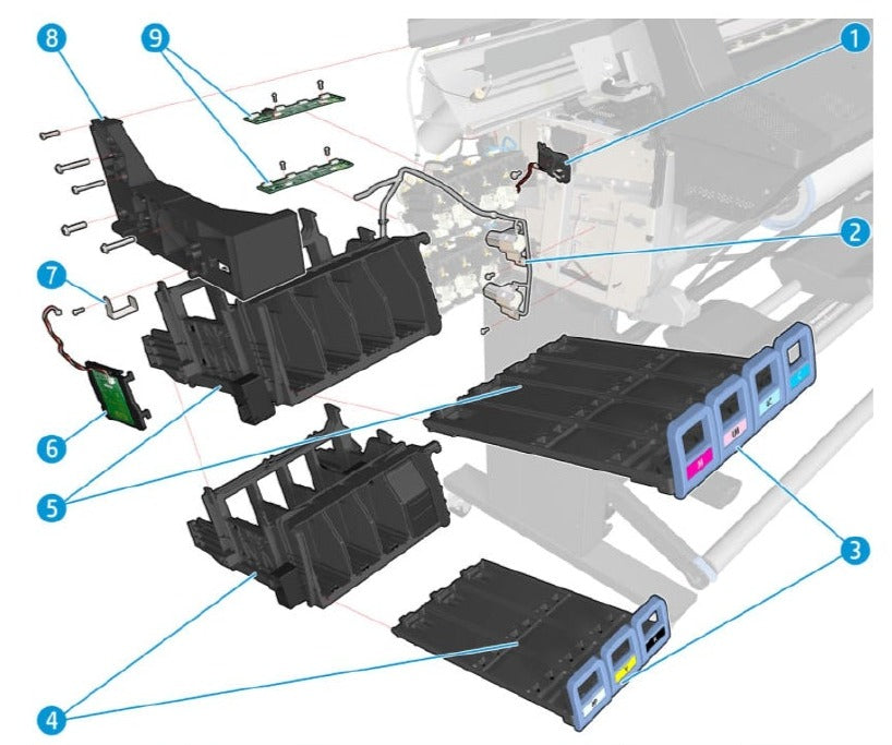Soporte de eje de escaneo izquierdo para HP Latex 210, 260, 280, 110, 115, 310, 315, 330, 335, 360, 365, 370, 375 (CQ869-67009) - Nuevo