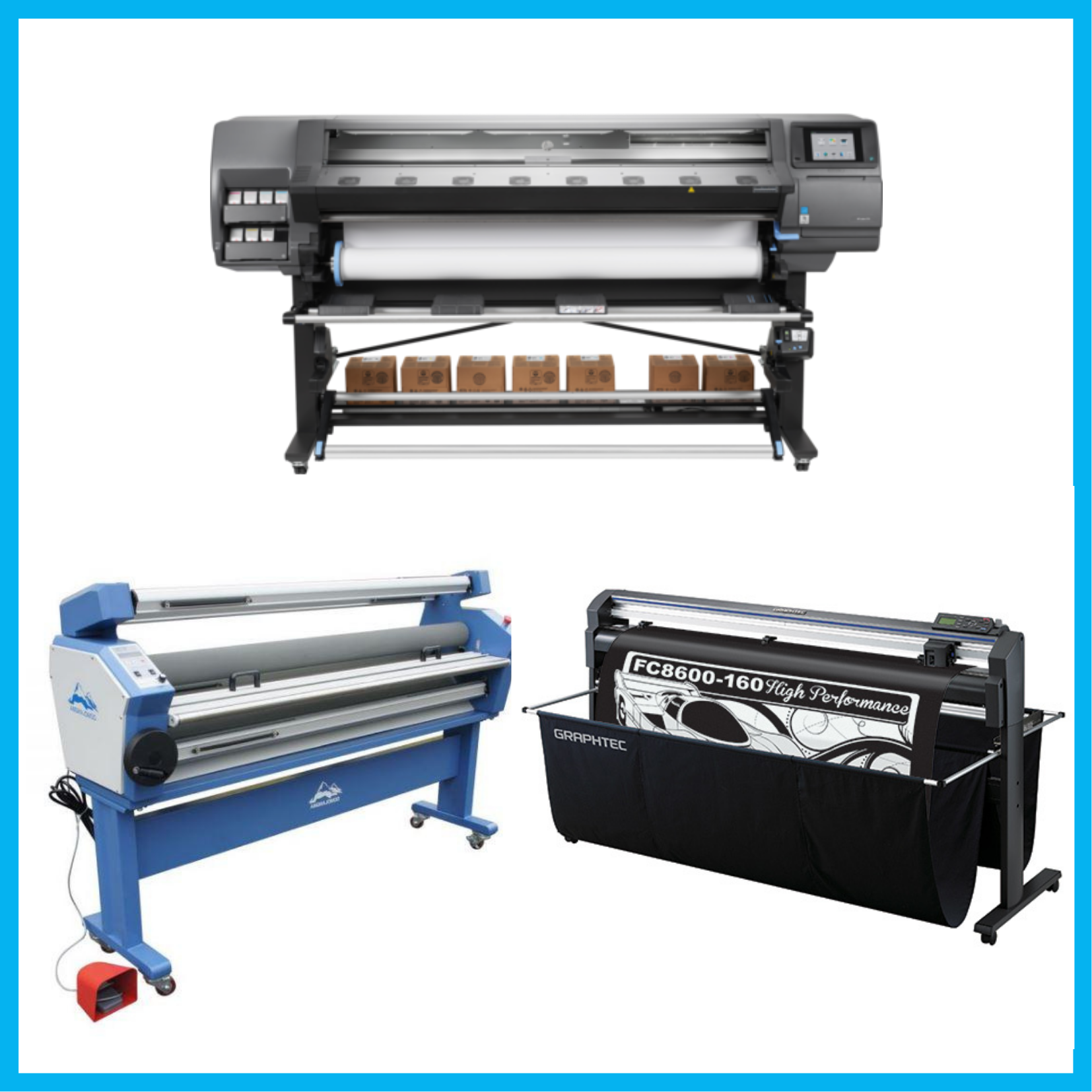 ON SALE - COMPLETE SOLUTION - HP Latex 370 Printer - Refurbished (90 Days, 1, 2, 3 or 4 Y/War.) + 64" Graphtec FC8600-160 Vinyl Cutting Plotter - Refurbished (90 Days, 1, 2, 3 or 4 Y/War) + 55" Full-Auto Wide Format Cold Laminator with Heat Assisted