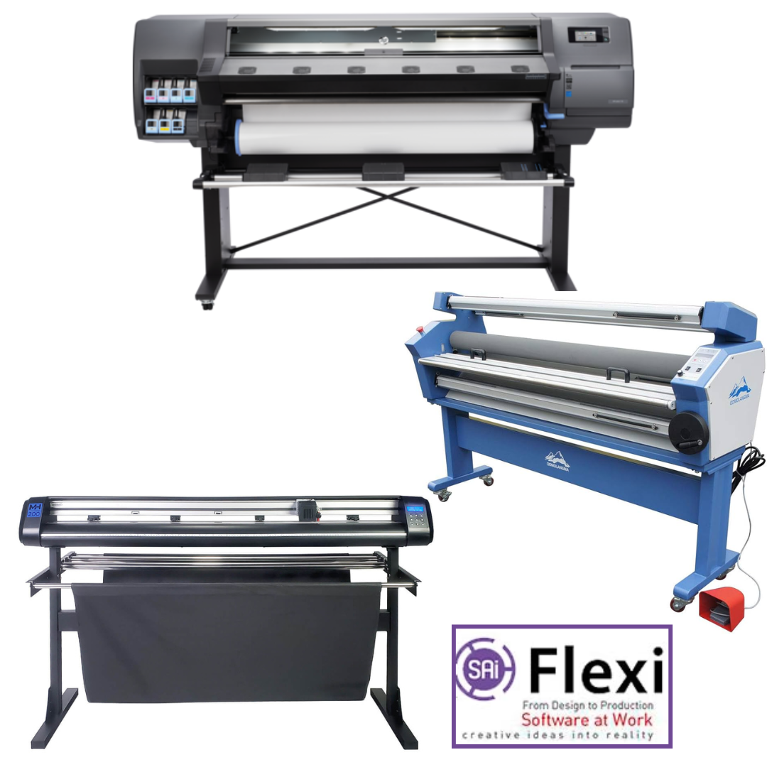 COMPLETE SOLUTION - HP Latex 310 54" Printer - Refurbished (90 Days Warranty) + 55" Full-Auto Low Temp. Cold Laminator, With Heat Assisted - New + 53" Vinyl Cutter Machine with ARMS Contour Cutting (MH200) - New + Flexi RIP Software
