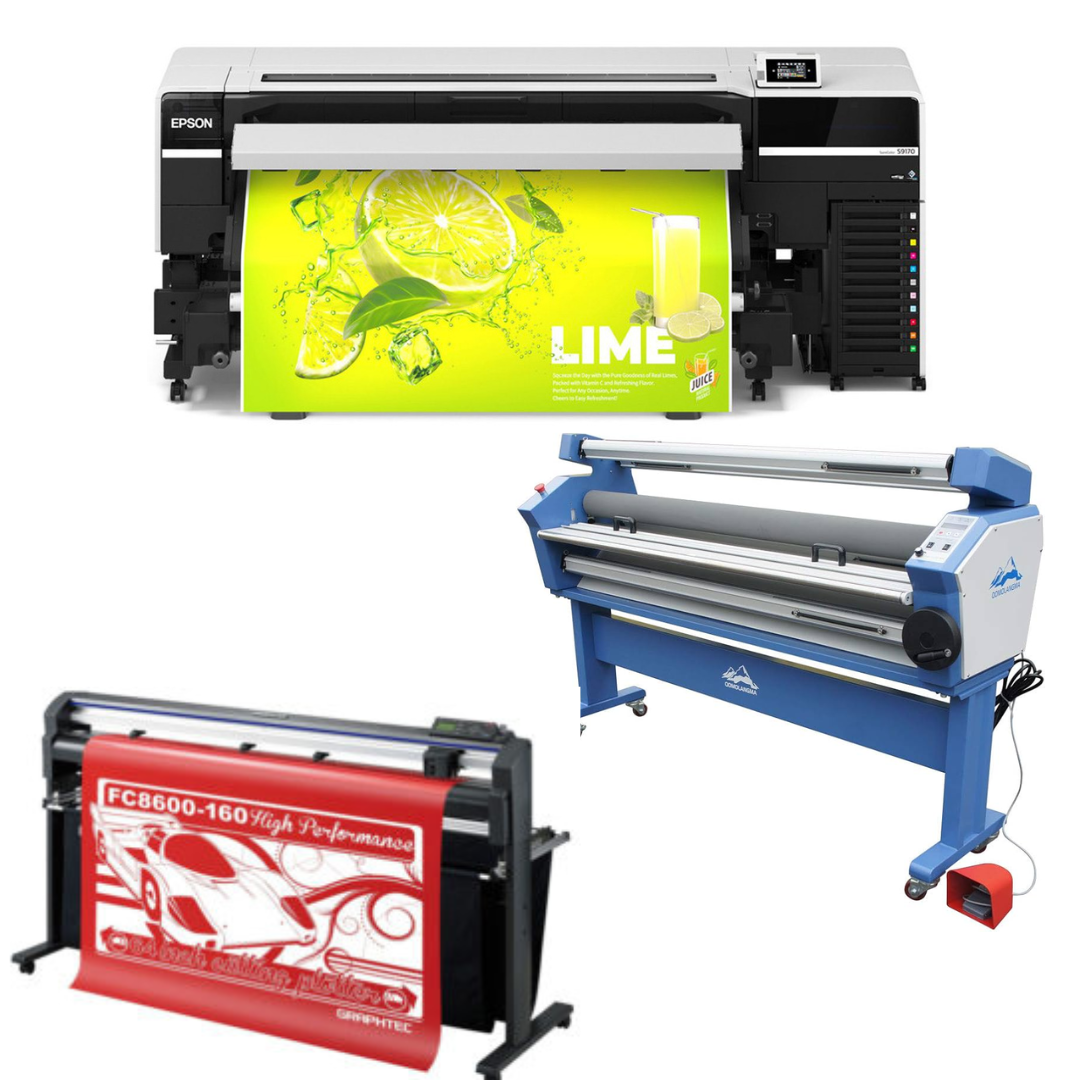 COMPLETE SOLUTION - Epson SureColor S9170 64" Roll-to-Roll Solvent Printer - New + 64" Graphtec FC8600-160 High Vinyl Cutting Plotter - Refurbished (90 Days Warranty) + 63" Full-auto Low Temp. Wide Format Cold Laminator, with Heat Assisted - New