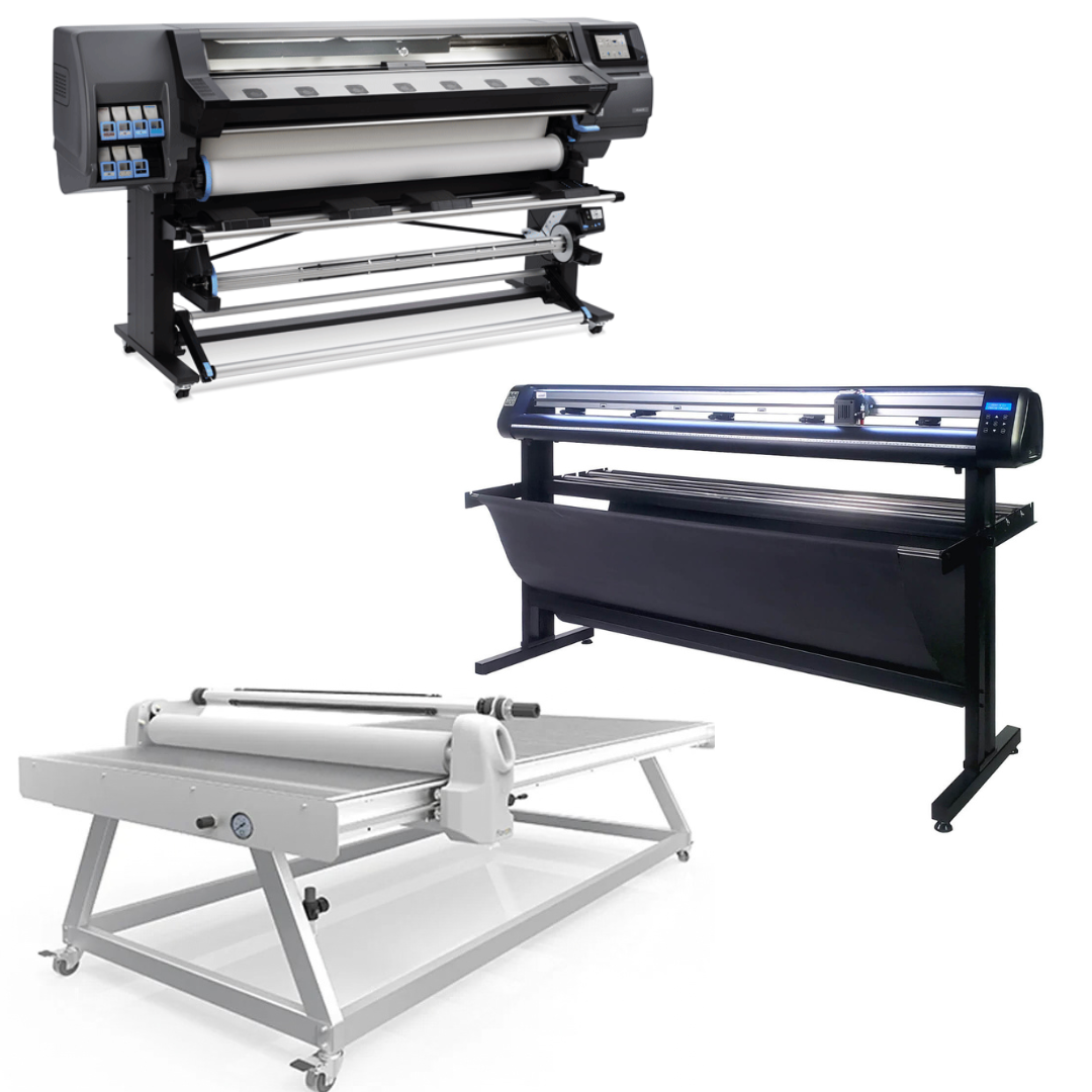 COMPLETE SOLUTION - HP Latex 365 64" Printer - Refurbished (1 Year Warranty) + 65" Vinyl Cutter w/ARMS Contour Cutting, Barcode Workflow, and Vacuum Hold-Down - MH400 + 51" x 98" Flatbed Lamination Table - New