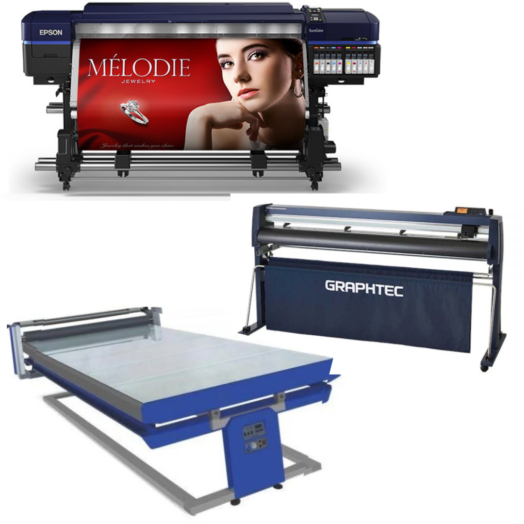 COMPLETE SOLUTION - Epson Surecolor S80600 Production Edition 64" Solvent Printer - Refurbished (1 Y/Warranty) + 54" Graphtec FC9000-140 Wide Cutter - Refurbished (1 Y/Warranty) + 67in x 126in Flatbed Hot and Cold Laminator for Rigid & Flex Media - New