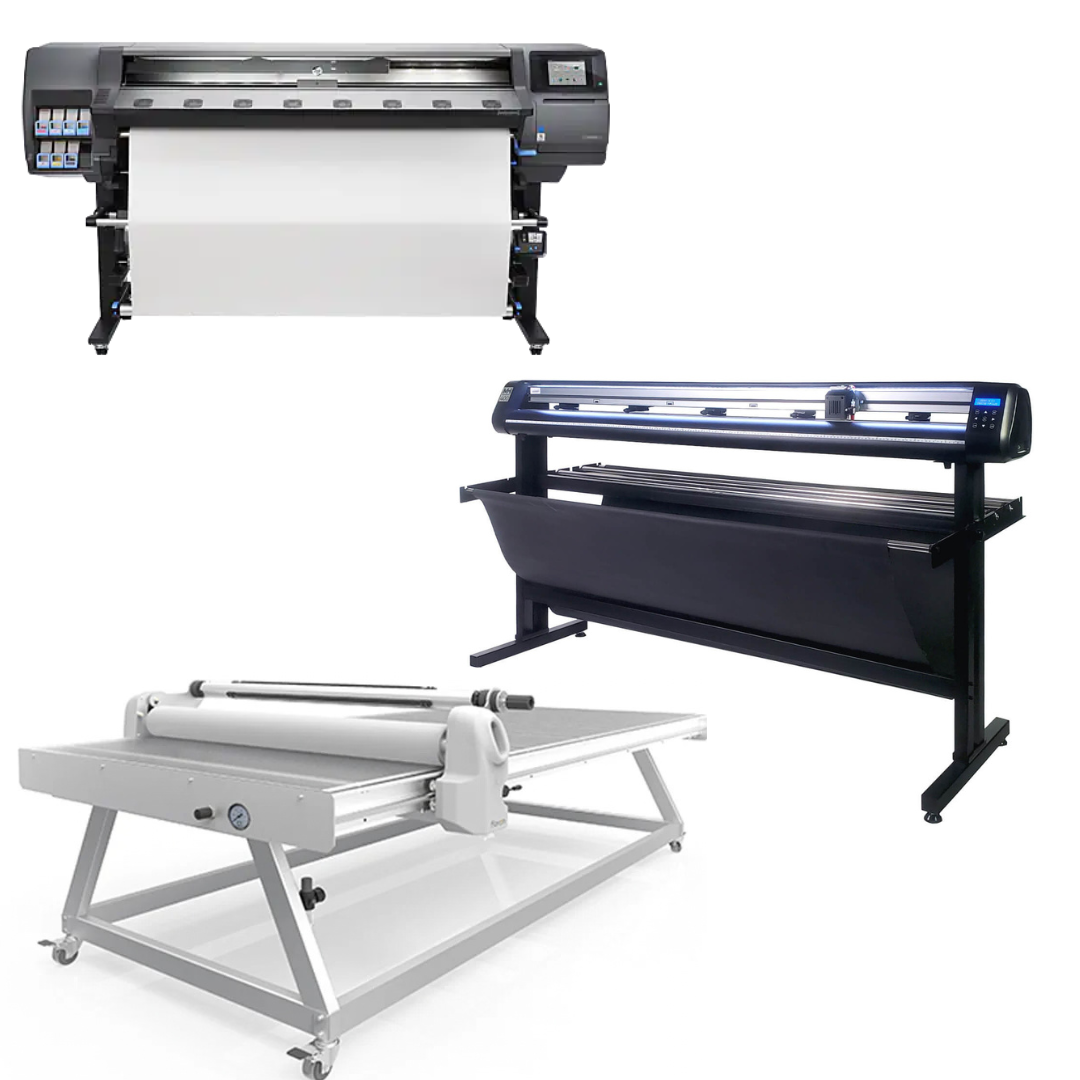 COMPLETE SOLUTION - HP Latex 360 64" Printer - Refurbished (1 Year Warranty) + 65" Vinyl Cutter with ARMS Contour Cutting & Barcode Job Management - MH300 - New + 51" x 98" Flatbed Lamination Table - New