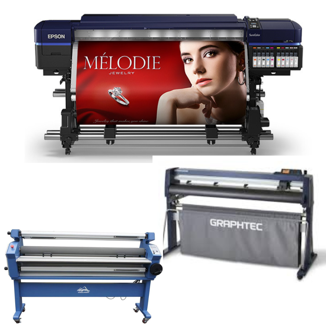 SOLUCIÓN COMPLETA: Impresora solvente Epson Surecolor S80600 Production Edition de 64" (reacondicionada) + Plotter de corte de vinilo Graphtec FC8000-160 de 64" (reacondicionado) + Laminadora en frío Ving de formato ancho de 63" mejorada (nueva)