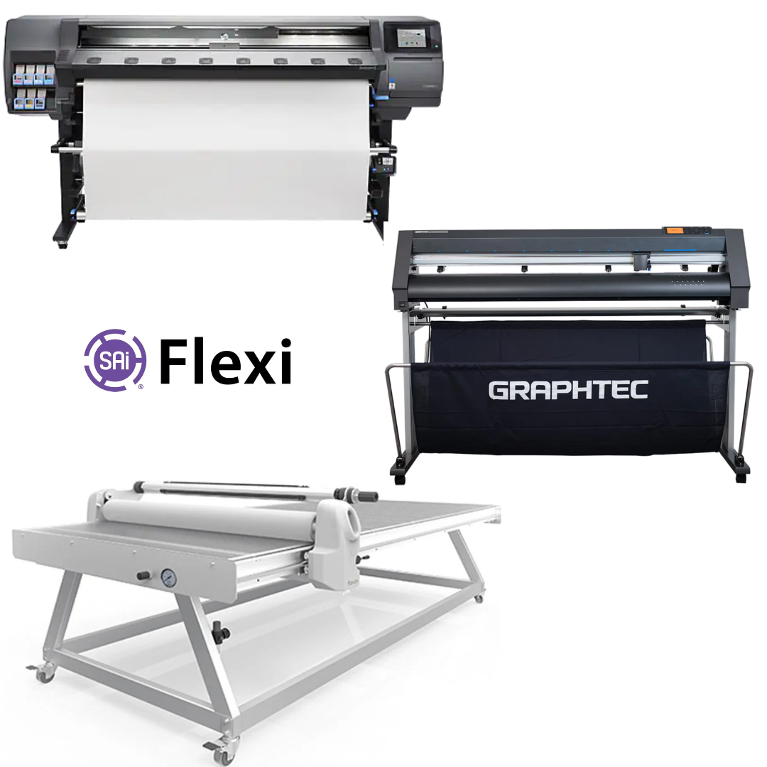 COMPLETE SOLUTION - HP Latex 360 64" Printer - Refurbished (1 Year Warranty) + Graphtec CE7000-130 50" Wide Cutter/Stand - New + 51" x 98" Flatbed Lamination Table for All Size Prints - New + Flexi RIP Software