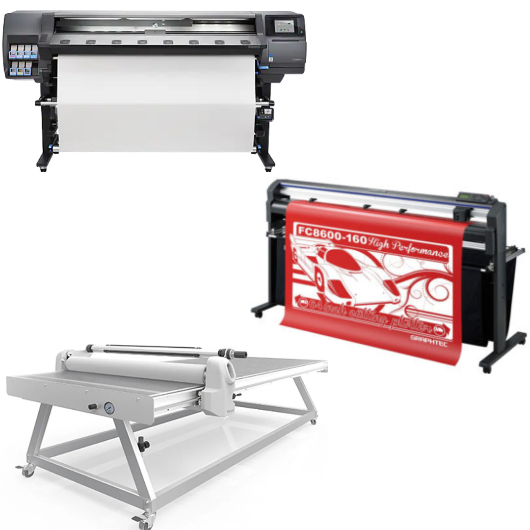 COMPLETE SOLUTION - HP Latex 360 64" Printer - Refurbished (1 Y-Warranty) + 64" Graphtec FC8600-160 Vinyl Cutting Plotter (1 Y-Warranty) + 51" x 98" Flatbed Lamination Table for All Size Prints