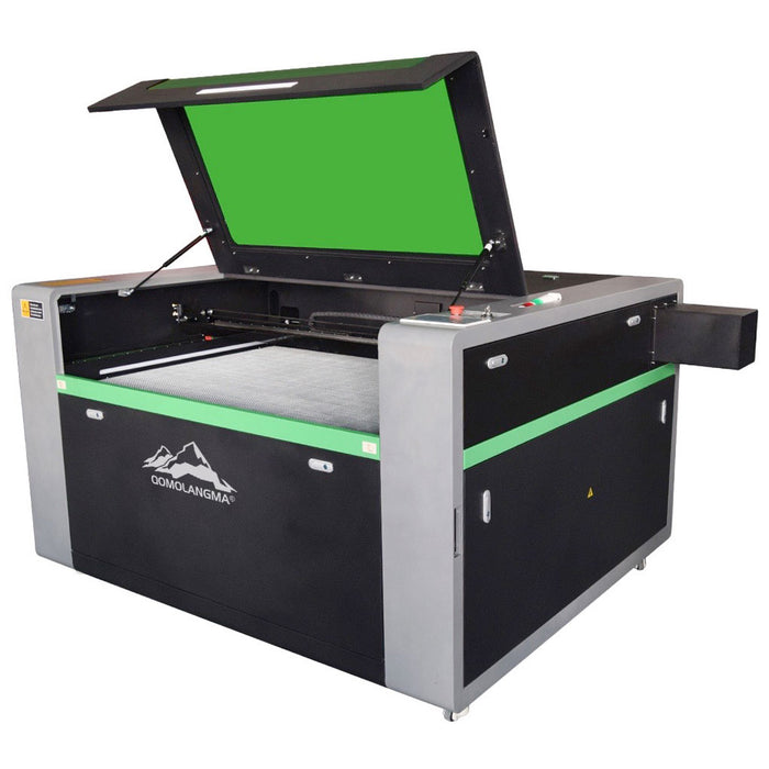 Máquina de corte láser de CO2 Qomolangma de 130 x 89 cm y 150 W, con mesa de trabajo con elevación eléctrica, sistema de autoenfoque, eje de rotación y software Lightburn compatible.