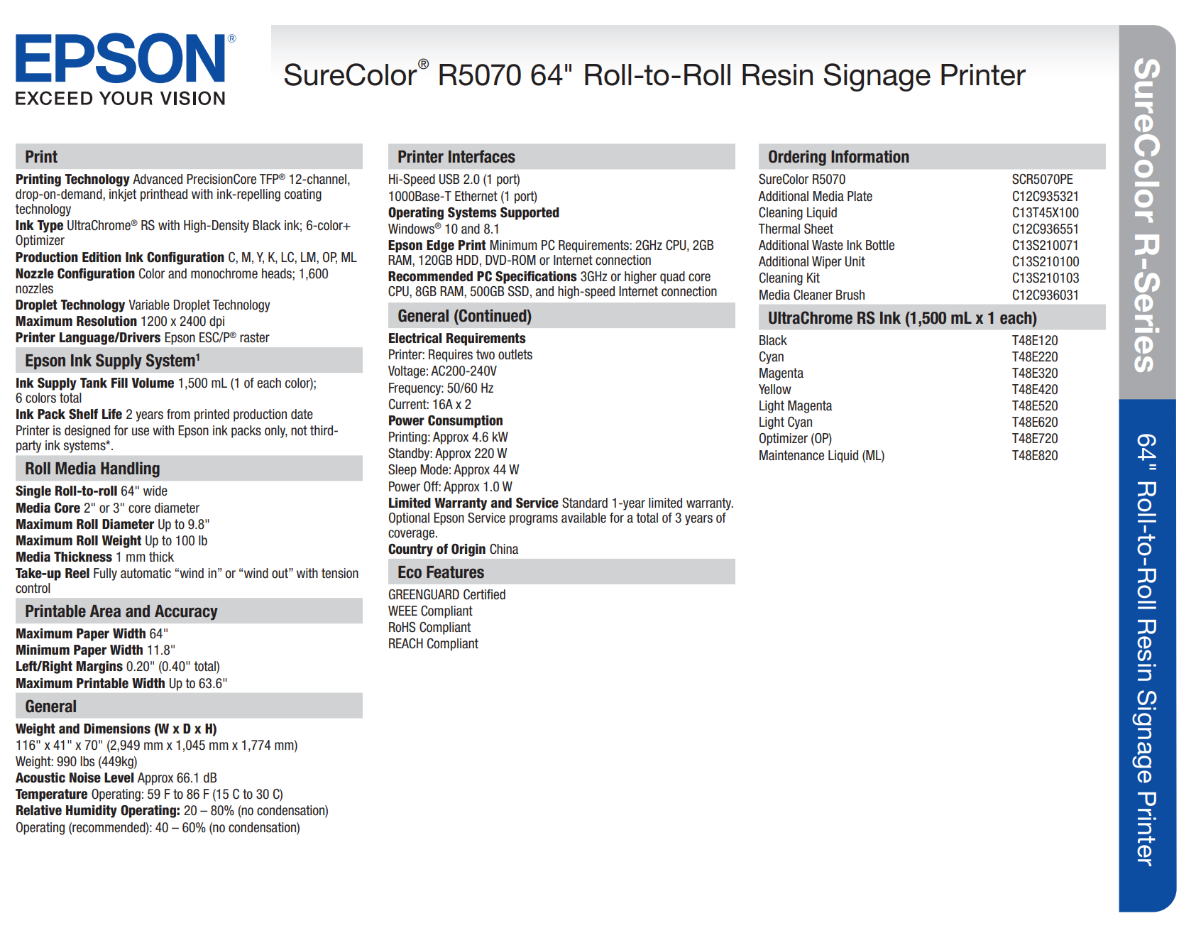 Impresora de señalización de resina Epson SureColor R5070 de 64" (rollo a rollo) - UNIDAD DE DEMOSTRACIÓN