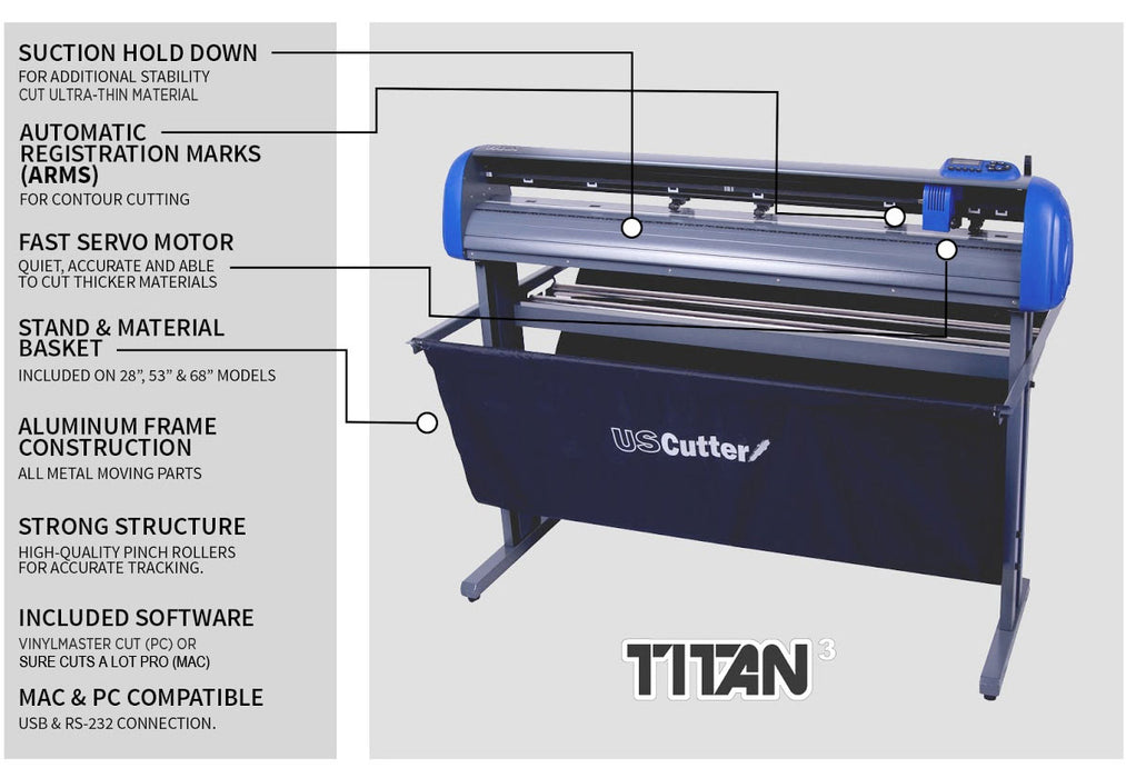 Cortadora de vinilo USCutter TITAN-3 (ARMS) de 28" con soporte, cesta y software de corte VinylMaster - Nueva + 2 años de garantía