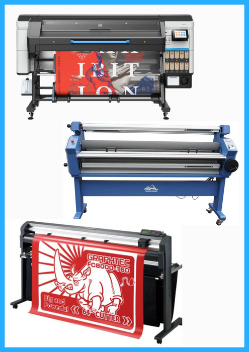 COMPLETE SOLUTION - HP Latex 730W 64" Wide Format Printer - New + 64" Graphtec FC8000-160 Vinyl Cutting Plotter - Refurbished (1 Year Warranty) + 55" Full-Auto Wide Format Cold Laminator with Heat Assisted - New