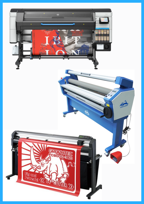 COMPLETE SOLUTION - HP Latex 730W 64" Wide Format Printer - New + 64" Graphtec FC8000-160 Vinyl Cutting Plotter - Refurbished (1 Year Warranty) + 63" Full-auto Low Temp. Wide Format Cold Laminator, with Heat Assisted - New