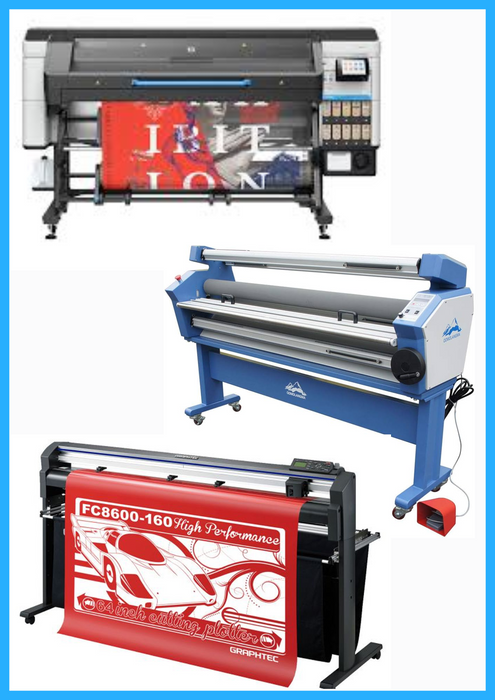 COMPLETE SOLUTION - HP Latex 830W 64" Wide Format Printer - New + 64" Graphtec FC8600-160 Vinyl Cutting Plotter - Refurbished (1 Year Warranty) + 63" Full-auto Low Temp. Wide Format Cold Laminator - New
