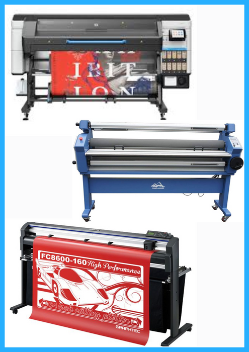 COMPLETE SOLUTION - HP Latex 830W 64" Wide Format Printer - New + 64" Graphtec FC8600-160 Vinyl Cutting Plotter - Refurbished (1 Year Warranty) + 55" Full-Auto Wide Format Cold Laminator with Heat Assisted - New