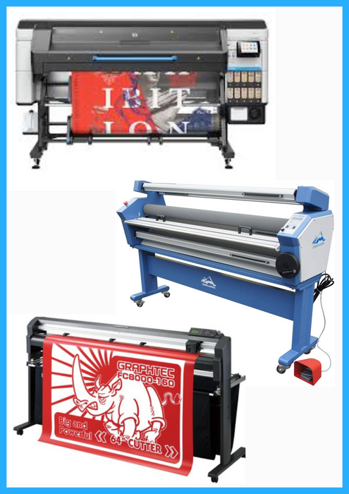 COMPLETE SOLUTION - HP Latex 830W 64" Wide Format Printer - New + 64" Graphtec FC8000-160 Vinyl Cutting Plotter - Refurbished (1 Year Warranty) + 63" Full-auto Low Temp. Wide Format Cold Laminator, with Heat Assisted - New